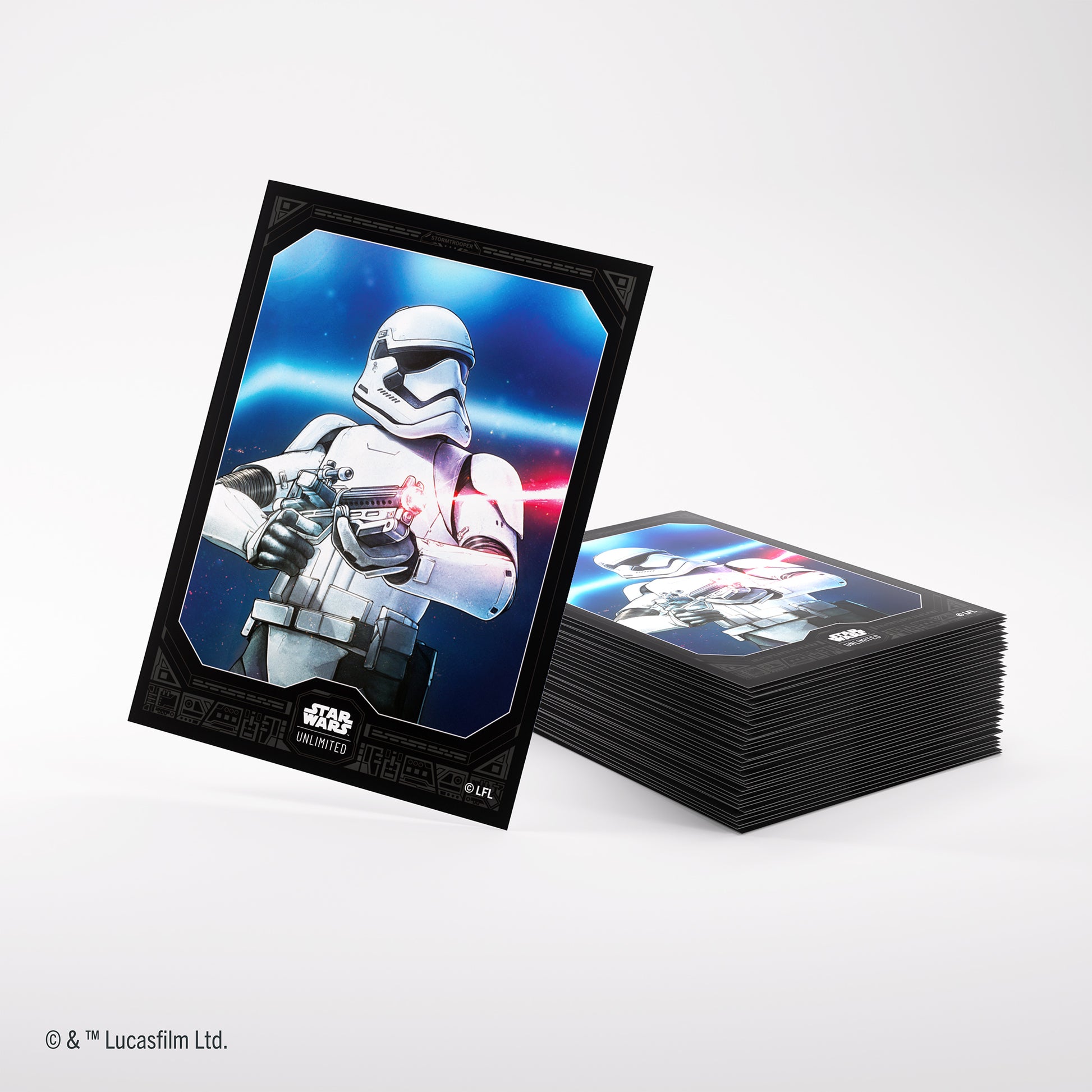 Gamegenic STAR WARS : Unlimited Premium Art Sleeve Stormtrooper - Stack of black-bordered card sleeves featuring a chrome-like stormtrooper holding a blaster with a blue and red light.