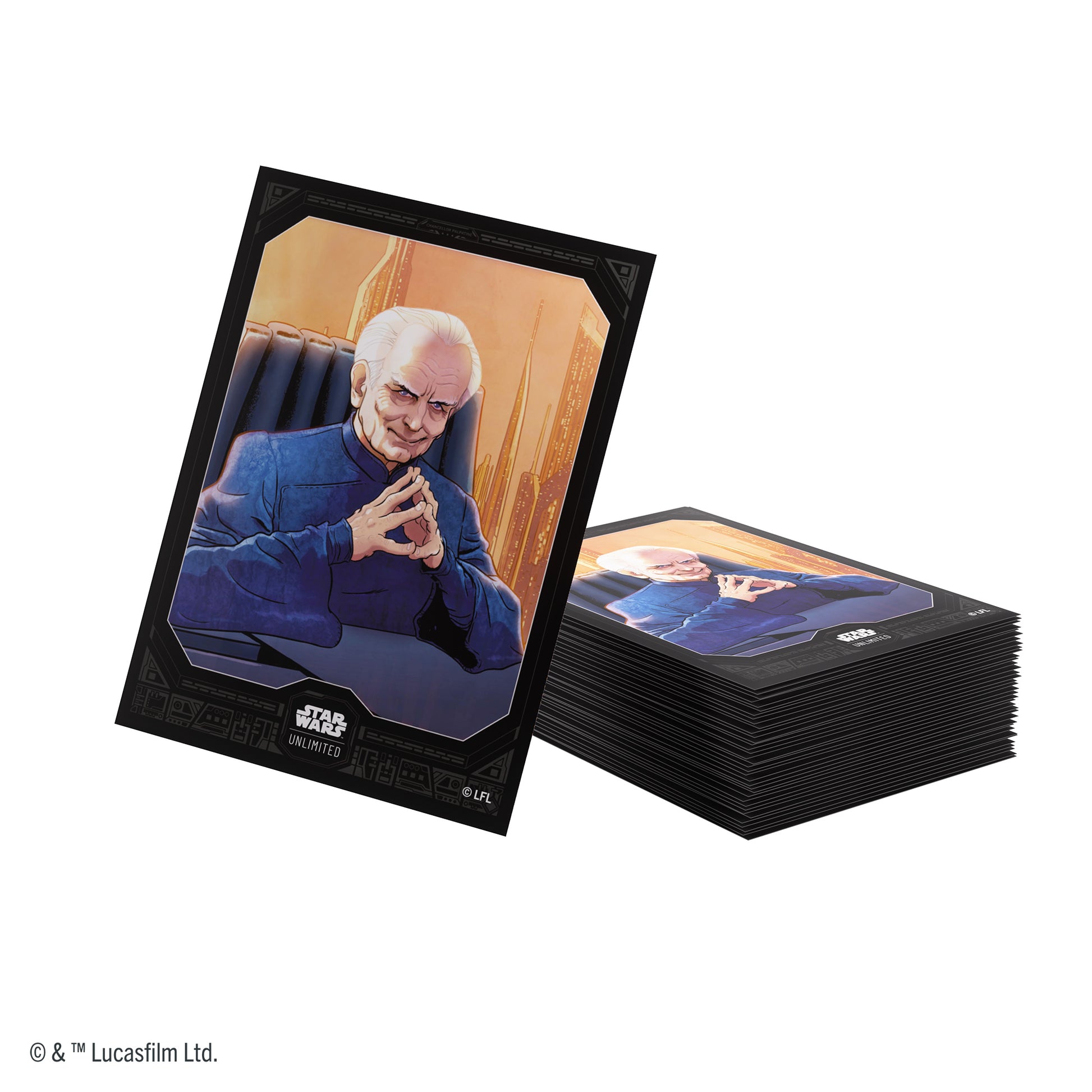 Star Wars: Unlimited Premium Art Sleeves - Chancellor Palpatine - Premium art card sleeves featuring Chancellor Palpatine in dark blue robes, with a black border and Star Wars logo at the.