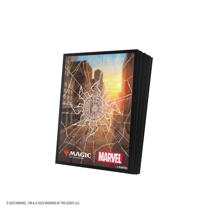 Magic: The Gathering: Marvel's Spider-Man Premium Art Sleeves - Spider-Man Plains - Rectangular card sleeves with Spider-Man web design over a cityscape at sunset, branded with Magic and Marvel logos.