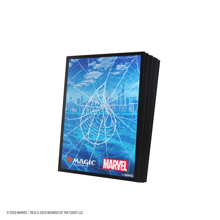 Magic: The Gathering: Marvel's Spider-Man Premium Art Sleeves - Spider-Man Island - Deck sleeves featuring a blue sky and cityscape background with Spider-Man web design and Marvel and Magic logos.