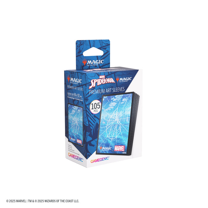Magic: The Gathering: Marvel's Spider-Man Premium Art Sleeves - Spider-Man Island - The Gathering card sleeves featuring Spider-Man swinging over a blue cityscape with white web patterns, branded with Marvel.