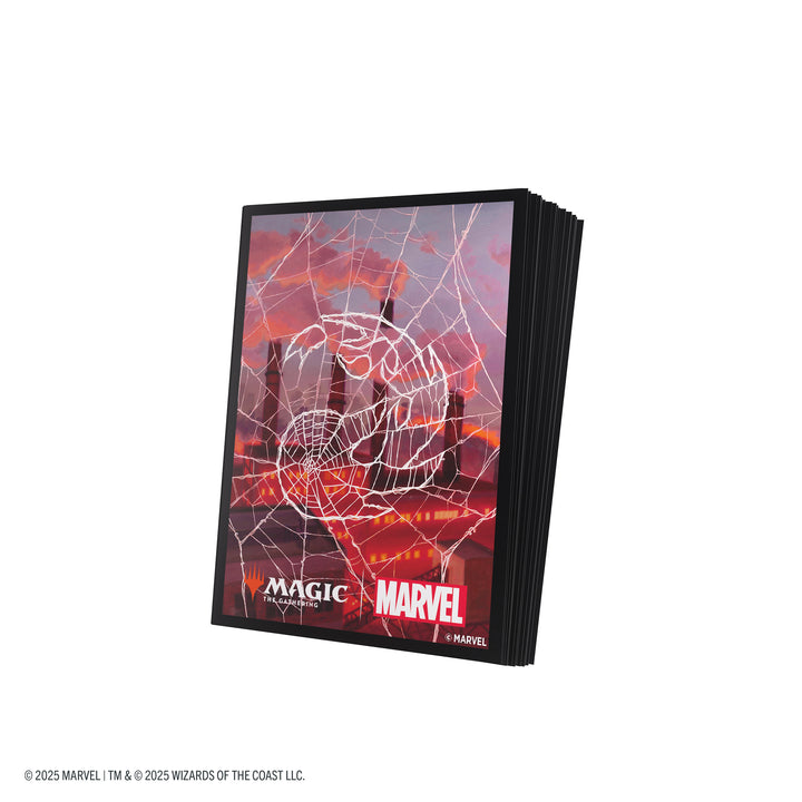 Magic: The Gathering: Marvel's Spider-Man Premium Art Sleeves - Spider-Man Mountain - Rectangular card sleeves featuring red and pink cityscape background with white Spider-Man web and logo, premium finish.