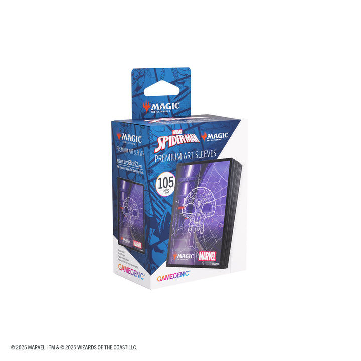 Magic: The Gathering: Marvel's Spider-Man Premium Art Sleeves - Spider-Man Swamp - Premium card sleeves featuring Marvel's Spider-Man in blue and purple tones with web and skull motifs, pack of 105.