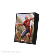 Magic: The Gathering: Marvel's Spider-Man Premium Art Sleeves - Spider-Man - Deck sleeves featuring Spider-Man in red and blue suit swinging between city buildings with webbing background.