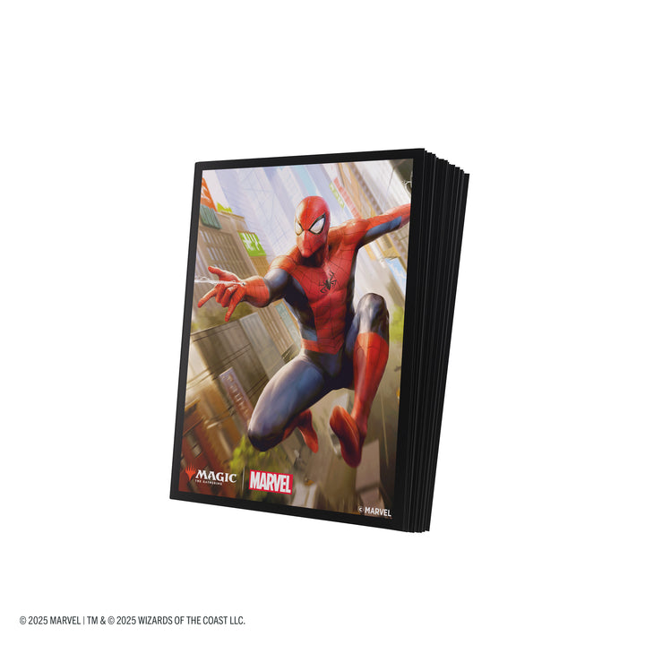Magic: The Gathering: Marvel's Spider-Man Premium Art Sleeves - Spider-Man - Deck sleeves featuring Spider-Man in red and blue suit swinging between city buildings with webbing background.