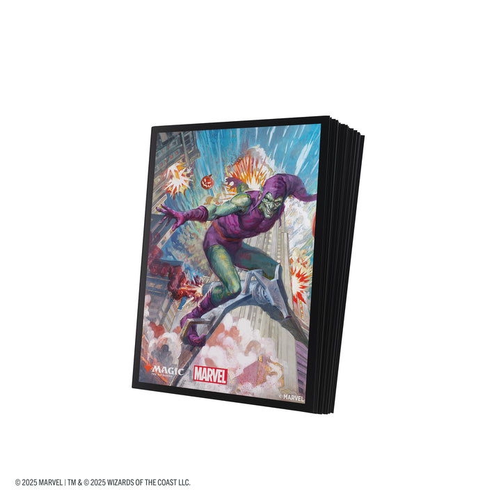 Magic: The Gathering: Marvel's Spider-Man Premium Art Sleeves - Green Goblin - Card sleeves featuring dynamic Green Goblin artwork in purple and green with a comic-style action background.