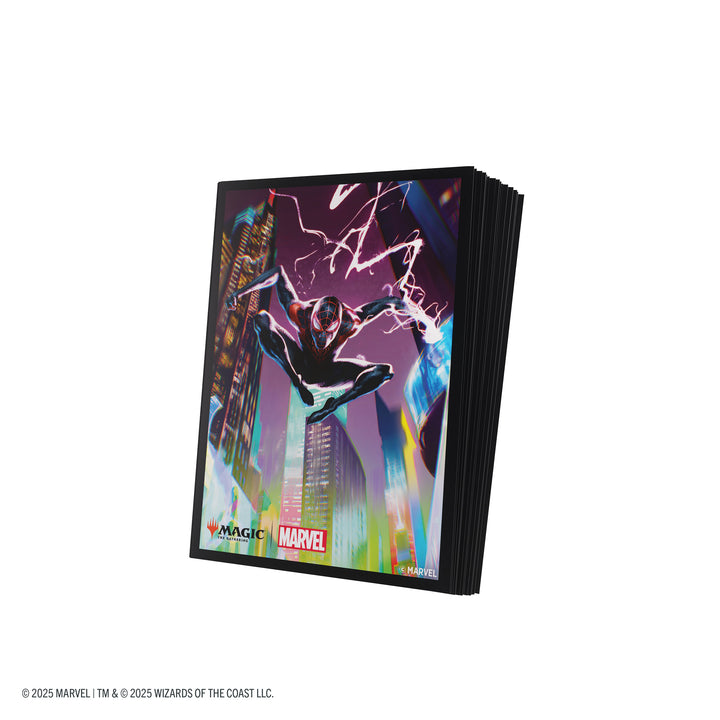Magic: The Gathering: Marvel's Spider-Man Premium Art Sleeves - Spider-Man Miles Morales - Deck sleeves featuring dynamic Spider-Man Miles Morales artwork with vibrant purple and blue cityscape background, accented.
