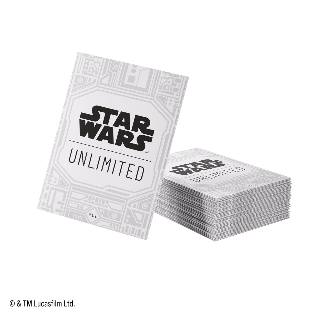 Star Wars: Unlimited Premium Art Sleeves - Icons 2027 (PREORDER) - Stack of rectangular card sleeves featuring white background with gray circuit-like patterns and bold black "Star Wars.