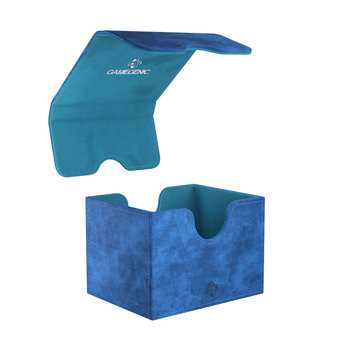 Gamegenic Sidekick 100+ XL - Blue - Blue fabric-covered rectangular deck box with magnetic flap lid and white Gamegenic logo.