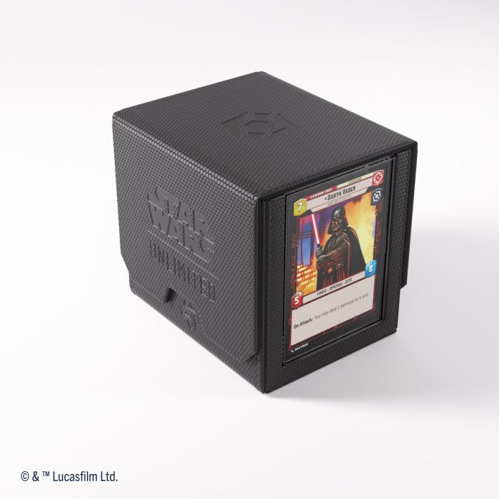 Gamegenic - Star Wars Unlimited - Deck Pod - Black - Black rectangular deck box with textured surface, Star Wars Unlimited logo embossed, clear window displaying a Star Wars.