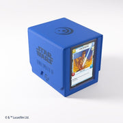 Gamegenic - Star Wars Unlimited - Deck Pod - Blue - Blue rectangular deck pod with textured surface, Star Wars Unlimited logo, and card window displaying a character card.
