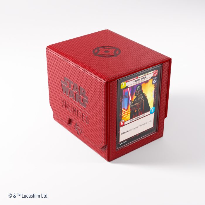 Gamegenic - Star Wars Unlimited - Deck Pod - Red - Red rectangular card storage box with Star Wars logo and transparent card display window on front.