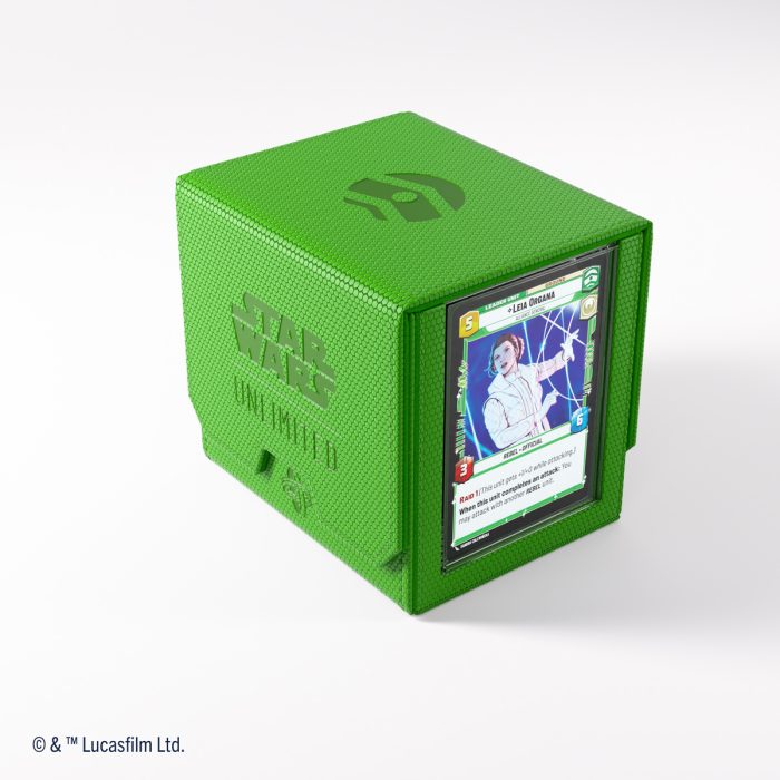 Gamegenic - Star Wars Unlimited - Deck Pod - Green - Green textured deck pod with Star Wars logo and transparent window showing a collectible card inside.