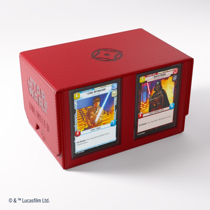 Gamegenic - Star Wars Unlimited - Double Deck Pod - Red - Red synthetic leather double deck pod with Star Wars logo and two visible trading cards in clear display windows.