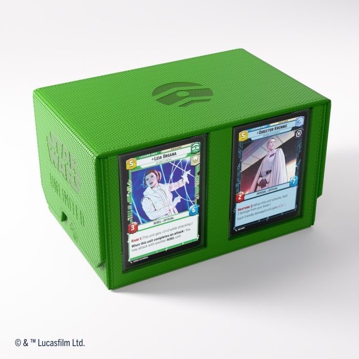 Gamegenic - Star Wars Unlimited - Double Deck Pod - Green - Green rectangular double deck pod with Star Wars cards displayed in two front slots, textured surface with embossed logo.