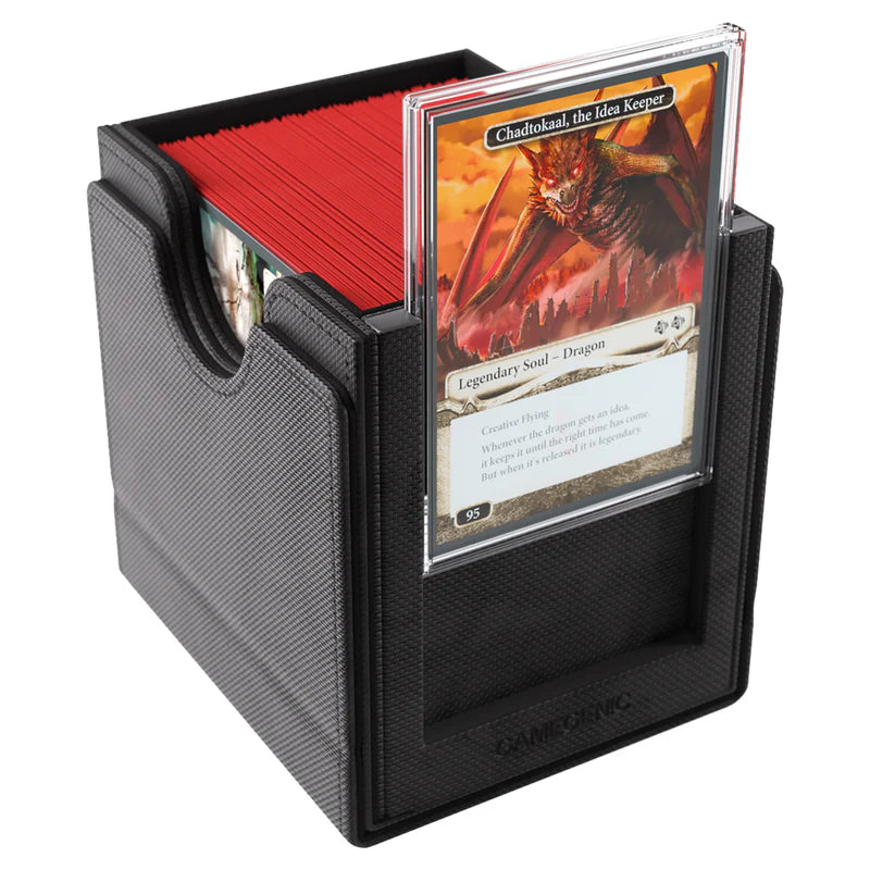 Deck Box: Sidekick PRO 100+ XL Convertible Black - Black textured deck box with a transparent front pocket, holding red card sleeves inside.