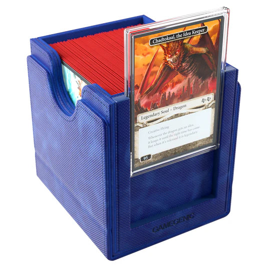 Deck Box: Sidekick PRO 100+ XL Convertible Blue - Blue textured rectangular deck box holding many trading cards with one card displayed in a clear front pocket.