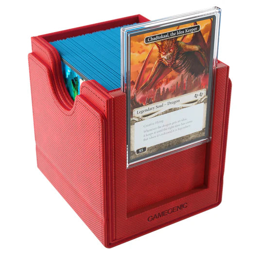 Deck Box: Sidekick PRO 100+ XL Convertible Red - Red textured plastic deck box holding blue card sleeves with a transparent front display slot showing a card.