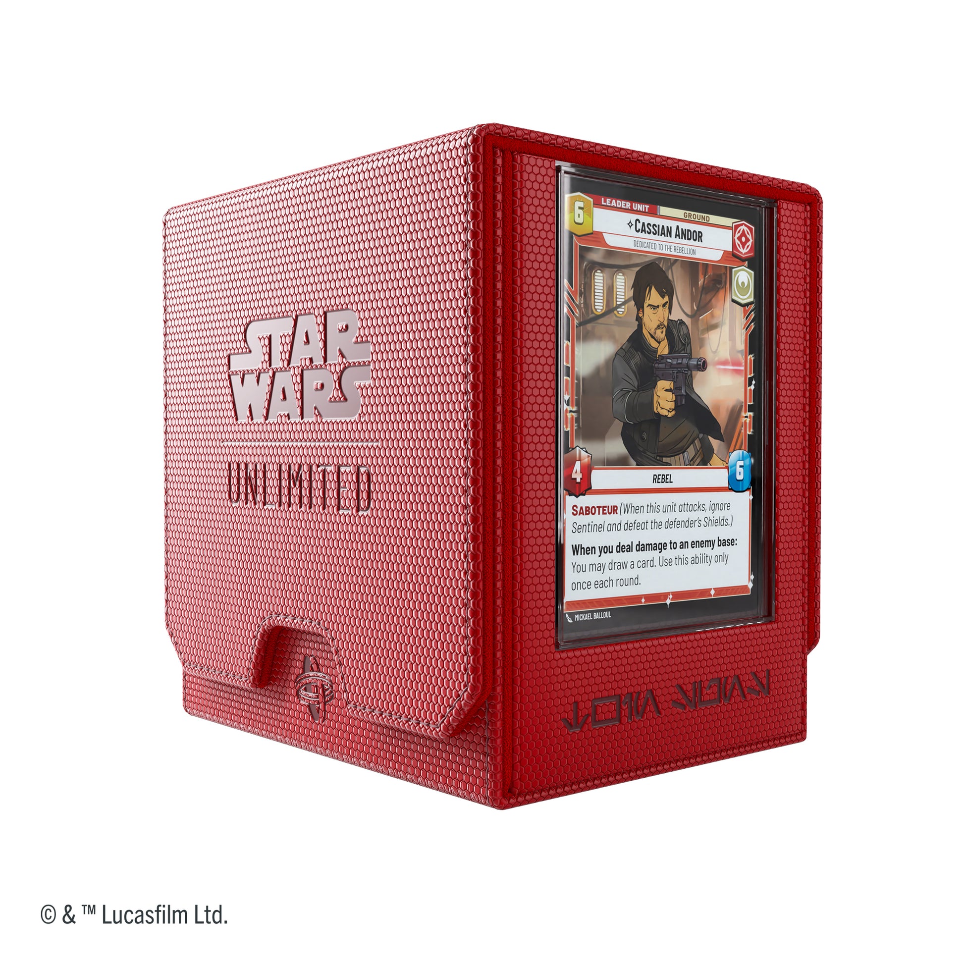 Gamegenic STAR WARS : Unlimited Twin Suns Deck Pod Red - Red textured plastic card deck pod with Star Wars Unlimited logo and clear front pocket displaying a card.