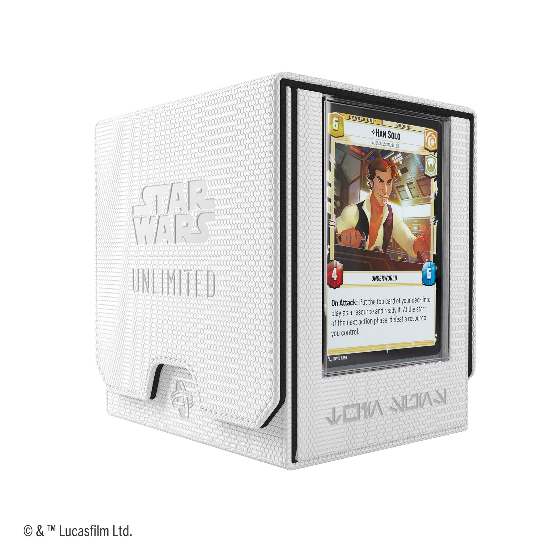 Gamegenic STAR WARS : Unlimited Twin Suns Deck Pod White & Black - White plastic card deck box with textured surface, embossed Star Wars Unlimited logo, black interior, and front slot.
