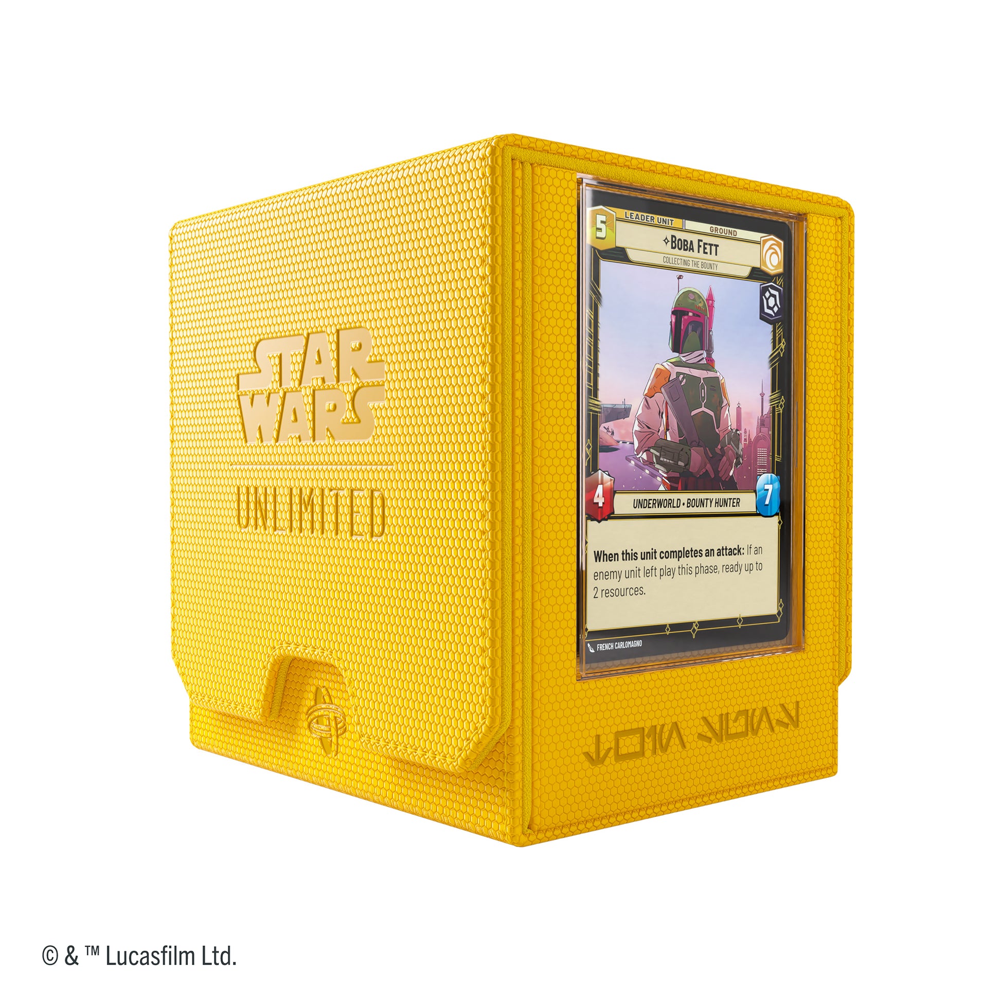 Gamegenic STAR WARS : Unlimited Twin Suns Deck Pod Yellow - Yellow rectangular plastic deck pod with ribbed texture, Star Wars Unlimited logo, and a card slot displaying a Star Wars.