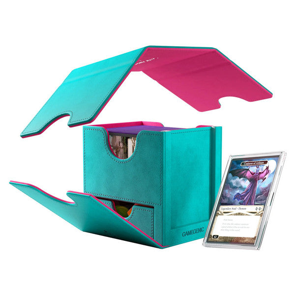 Gamegenic: Sidekick PRO 100+ XL Convertible - Teal/Pink - Teal and pink convertible deck box with foldable lid and large card storage compartment.