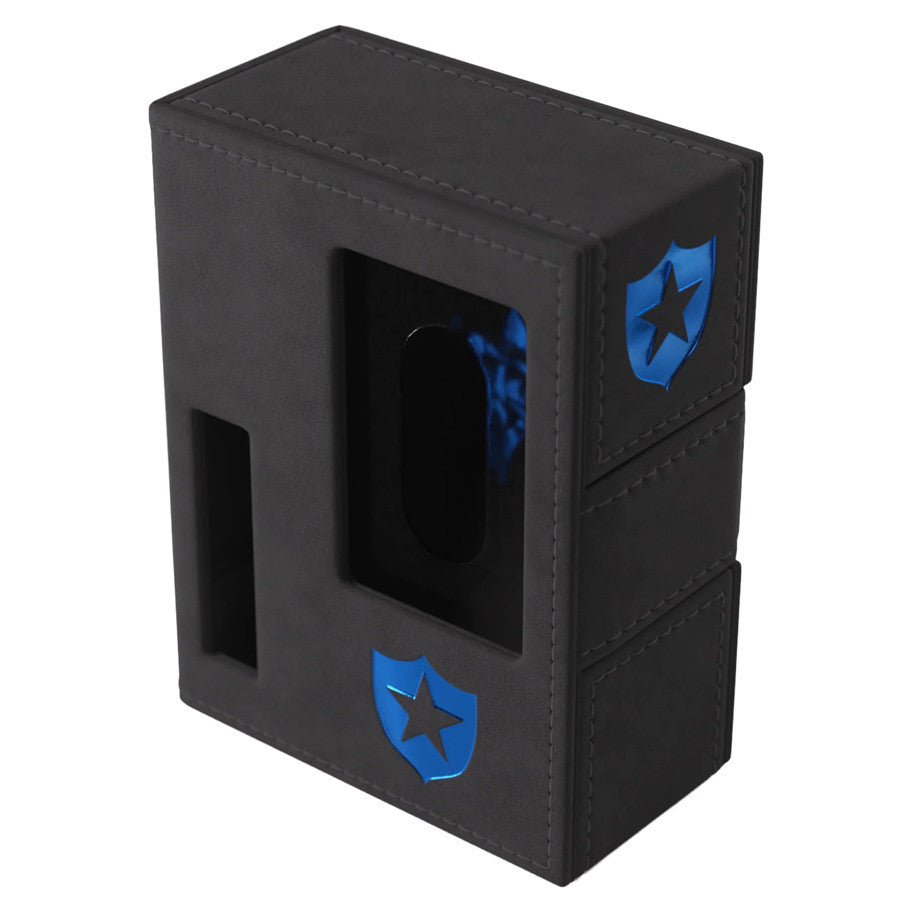 GameGenic Deck Tome: Arkham Horror: Blue (PREORDER) - Black faux leather deck case with blue star shield logos and storage compartments for cards and accessories.