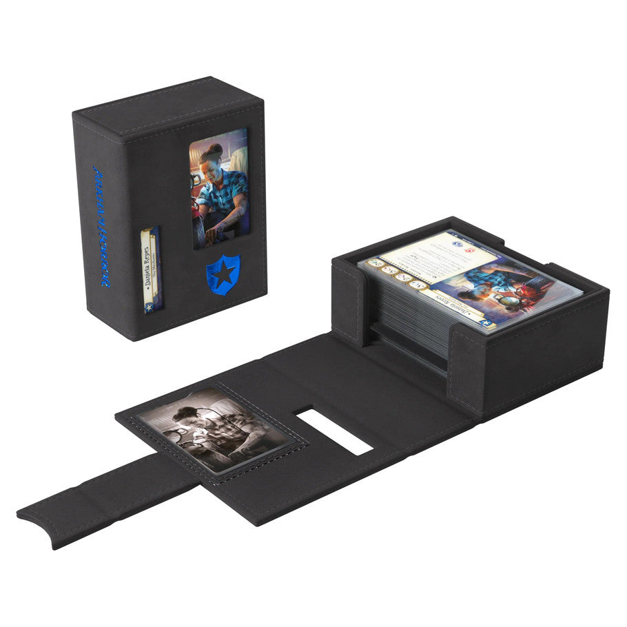 GameGenic Deck Tome: Arkham Horror: Blue (PREORDER) - Black rectangular deck box with a magnetic flap, blue shield emblem, and Arkham Horror-themed card divider inside.