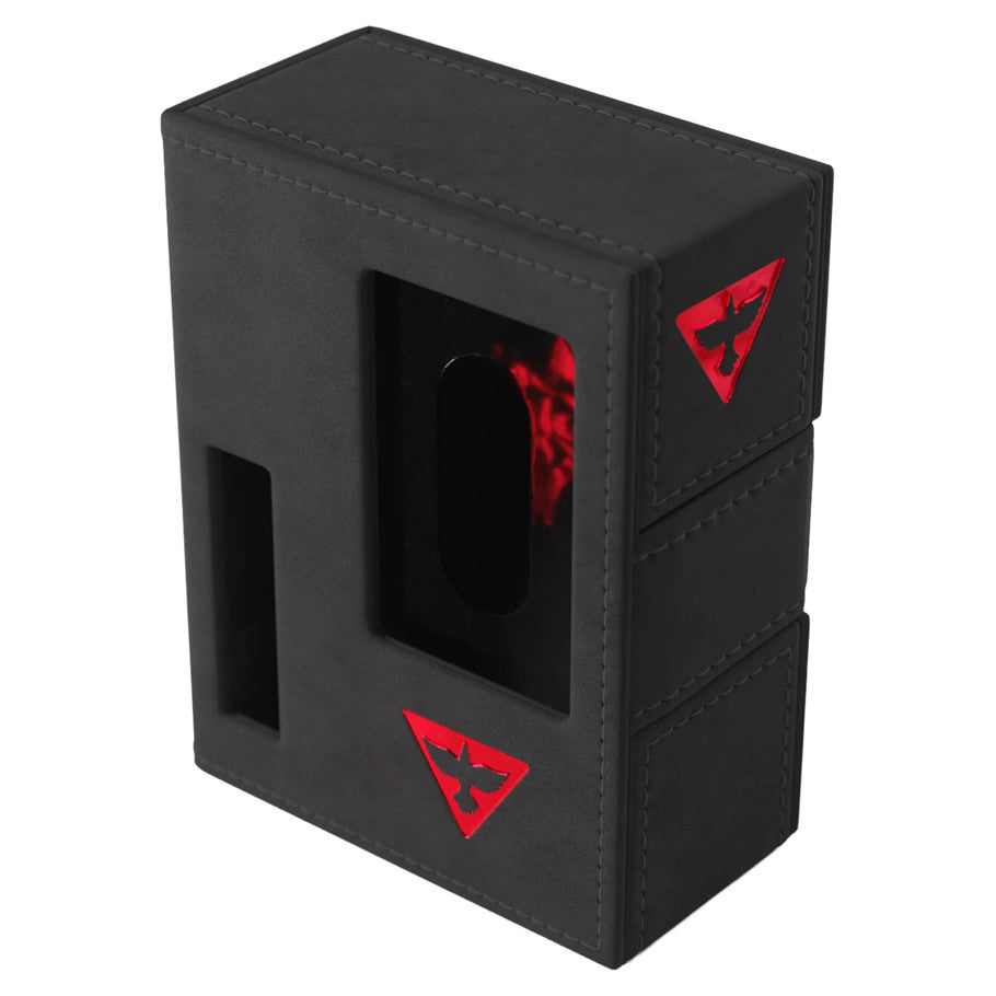 GameGenic Deck Tome: Arkham Horror: Red (PREORDER) - Black textured card deck holder with red triangular Arkham Horror logos and a central window display.