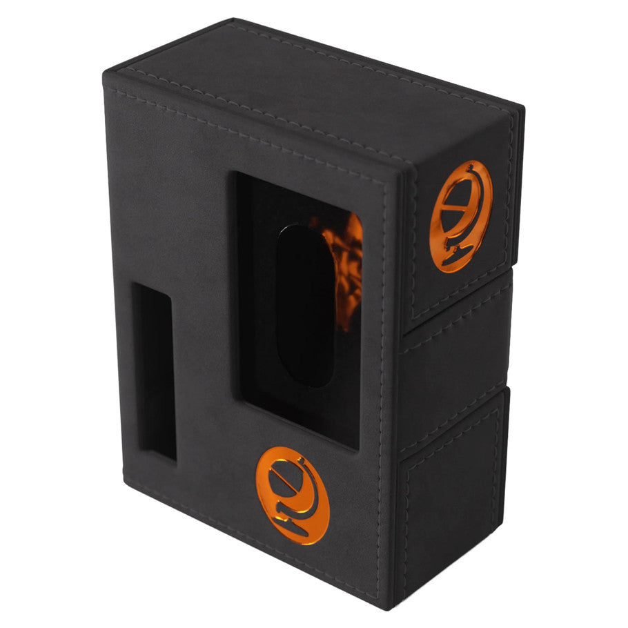 GameGenic Deck Tome: Arkham Horror: Orange (PREORDER) - Black synthetic deck box with orange circular Arkham Horror logos and a window display on the front and side.
