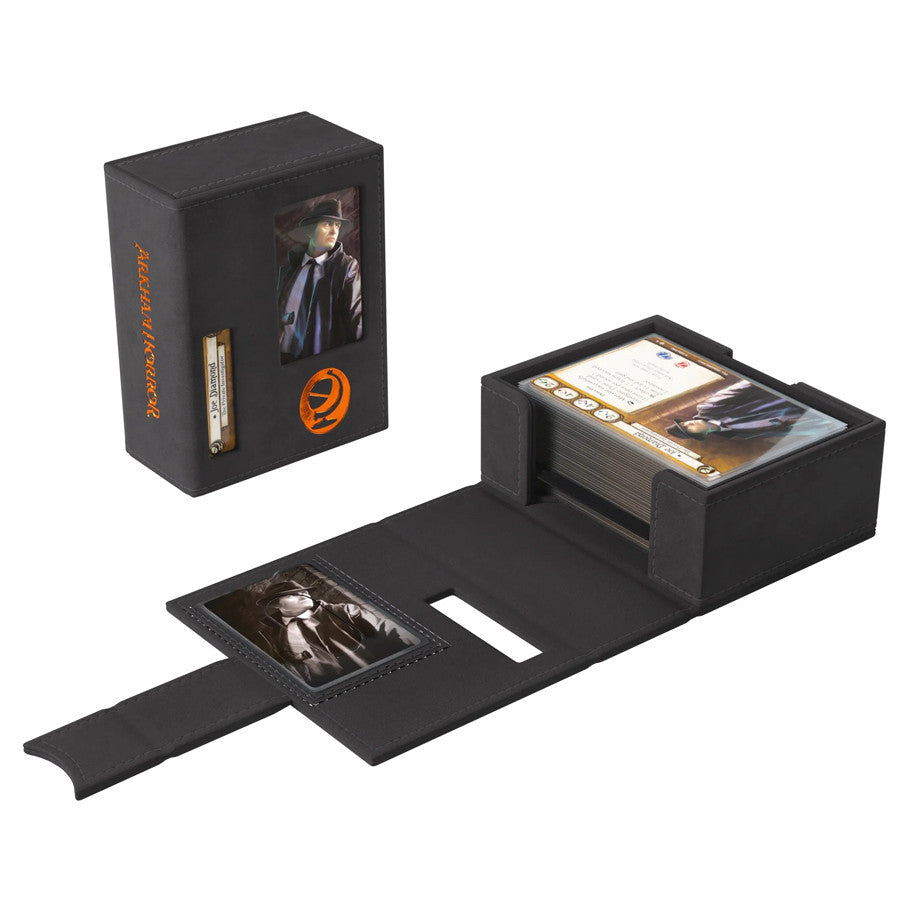 GameGenic Deck Tome: Arkham Horror: Orange (PREORDER) - Black rectangular deck box with orange Arkham Horror logo, open to show compartment holding cards and a small card slot on.