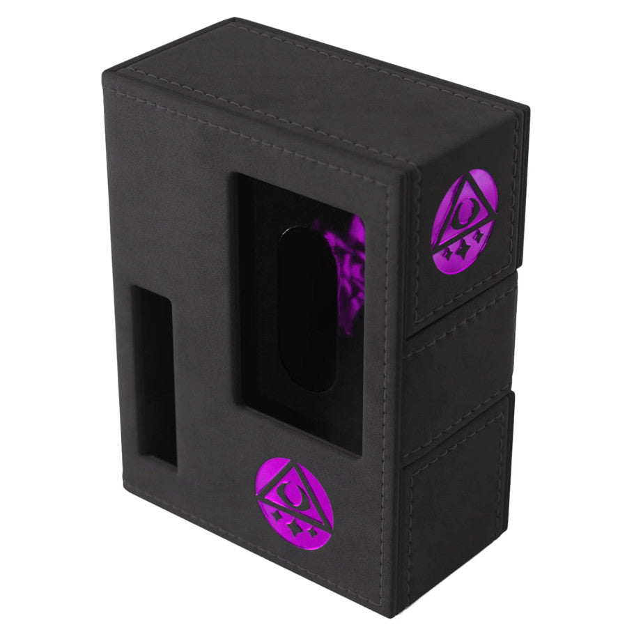 GameGenic Deck Tome: Arkham Horror: Purple (PREORDER) - Black synthetic deck box with purple Arkham Horror symbols and a transparent window on the front.