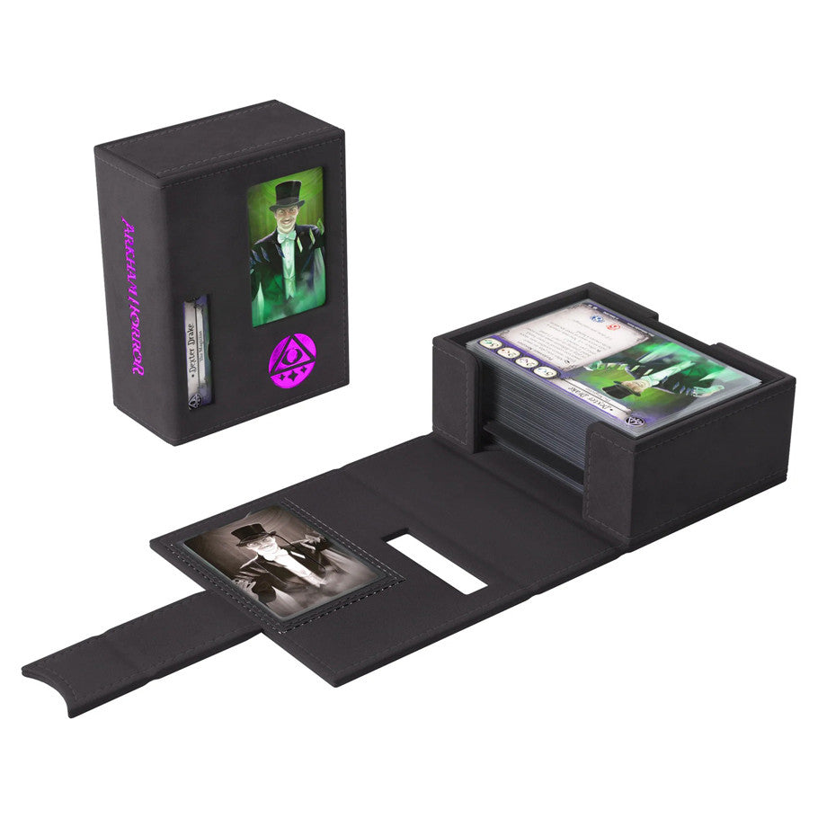 GameGenic Deck Tome: Arkham Horror: Purple (PREORDER) - Black rectangular deck box with purple "Arkham Horror" text, featuring a green character illustration and secure magnetic.