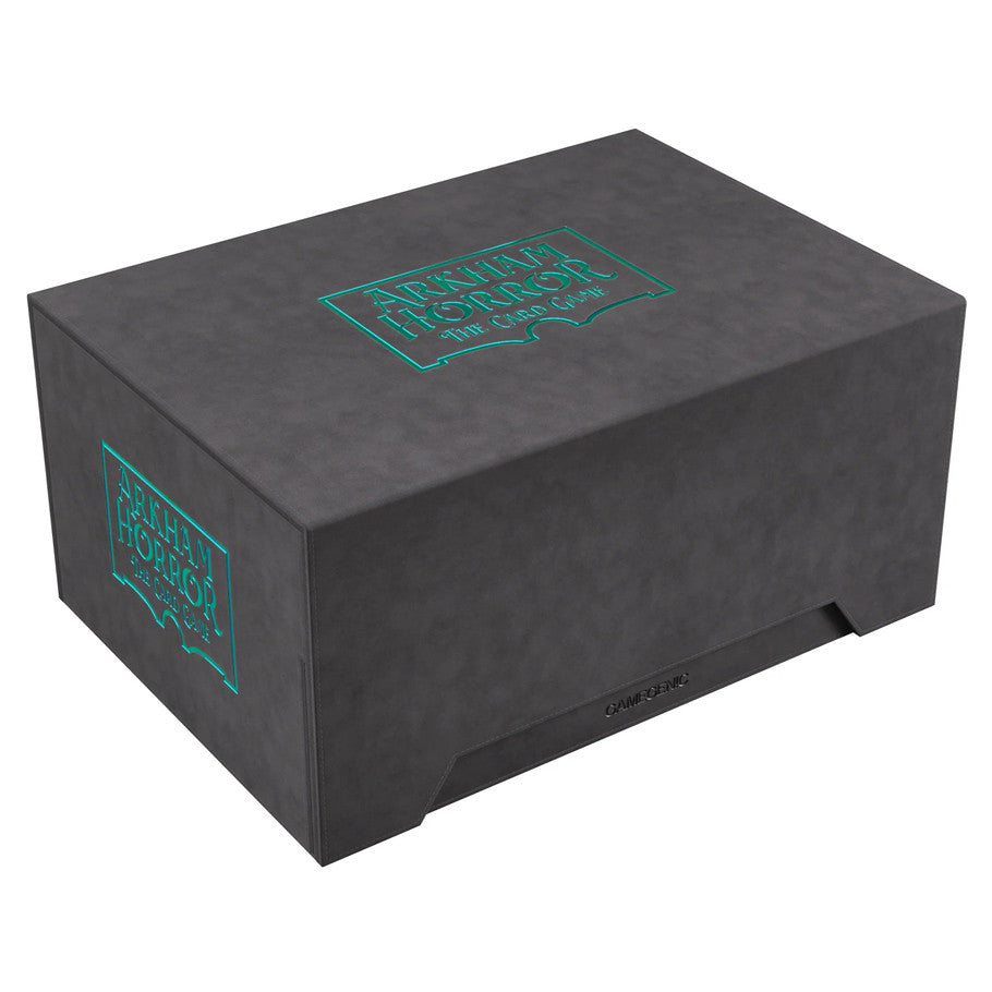 Arkham Horror Game Night Chest (PREORDER) - Dark gray rectangular storage chest with teal Arkham Horror logo on top and side, textured finish.