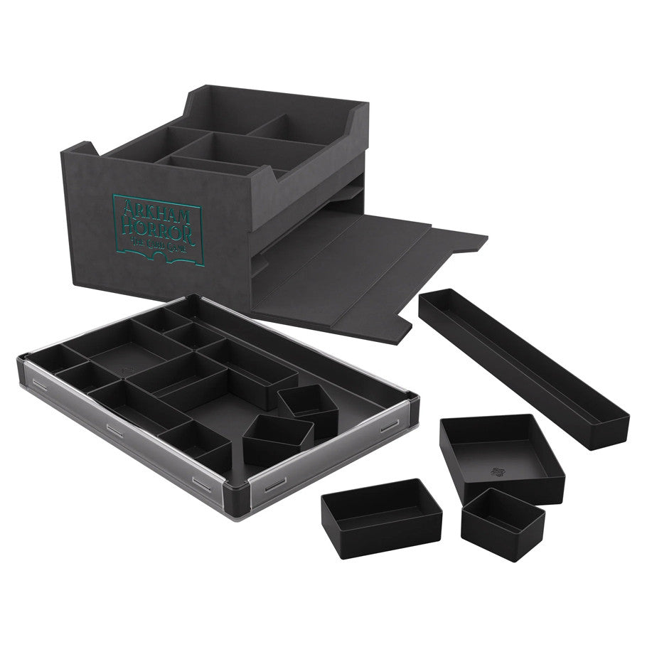 Arkham Horror Game Night Chest (PREORDER) - Black modular game storage chest with multiple compartment trays and removable dividers for board game organization.