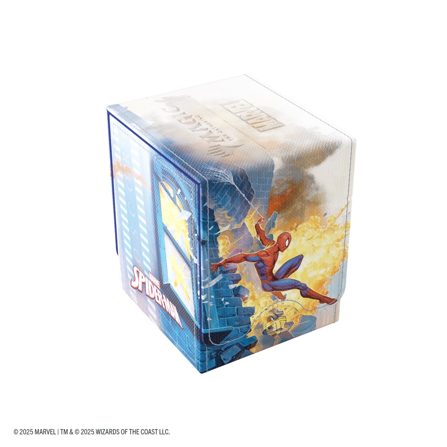 Magic: The Gathering: Marvel's Spider-Man Art Squire PLUS 100+ XL - Rectangular card storage box featuring colorful Spider-Man artwork with blue and orange tones and dynamic comic-style.