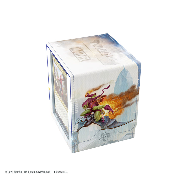 Magic: The Gathering: Marvel's Spider-Man Art Squire PLUS 100+ XL - Rectangular card storage box with Marvel's Spider-Man artwork, featuring Green Goblin throwing a pumpkin bomb, white and.