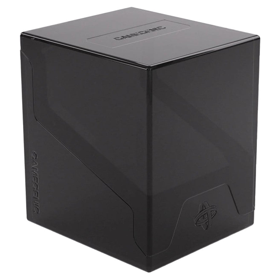 GameGenic Bastion 100+ XL Deck Box - Black - Black matte plastic rectangular deck box with a secure lid and embossed logo on front and side.