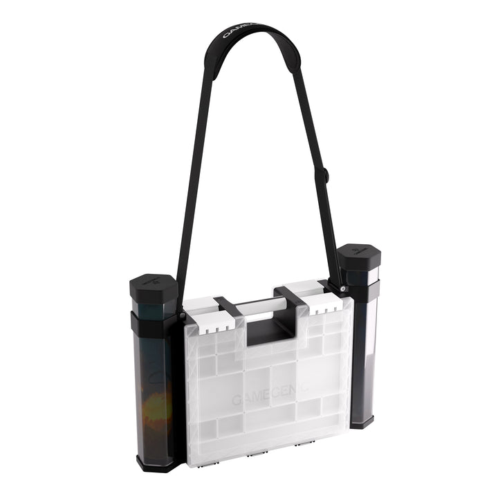 Gamegenic: Game Castle Playmat Tube - Black - Black cylindrical playmat tube with adjustable shoulder strap and castle-themed plastic connectors.