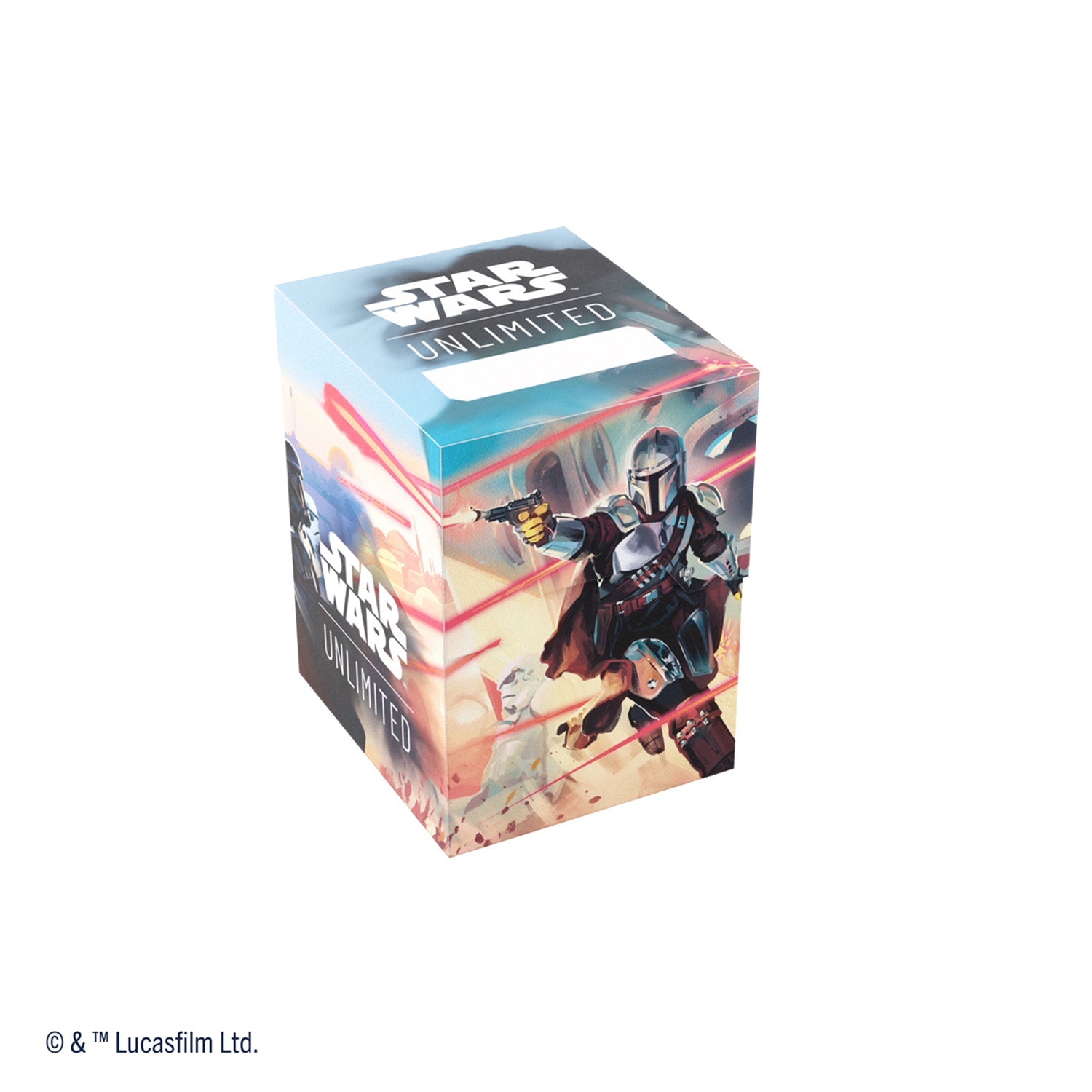 Star Wars: Unlimited Soft Crate - Mandalorian / Moff Gideon - Cube-shaped soft storage crate featuring colorful Mandalorian and Moff Gideon Star Wars artwork with blue, red, and beige.