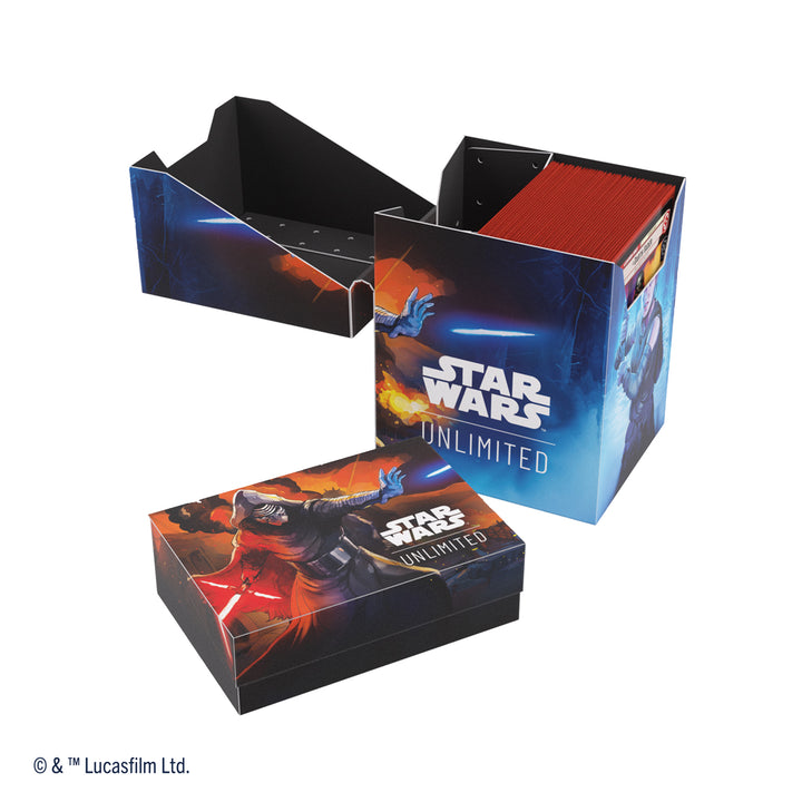 Star Wars: Unlimited Soft Crate - Rey / Kylo Ren - Foldable soft storage crate with Star Wars Unlimited logo, featuring Rey and Kylo Ren artwork in blue, red, and black tones.