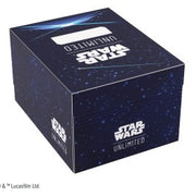 Gamegenic STAR WARS : UNLIMITED TWIN SUNS SOFT CRATE - Card Back Blue - Rectangular dark blue soft crate with starry space pattern and white Star Wars Unlimited logos on sides and top.
