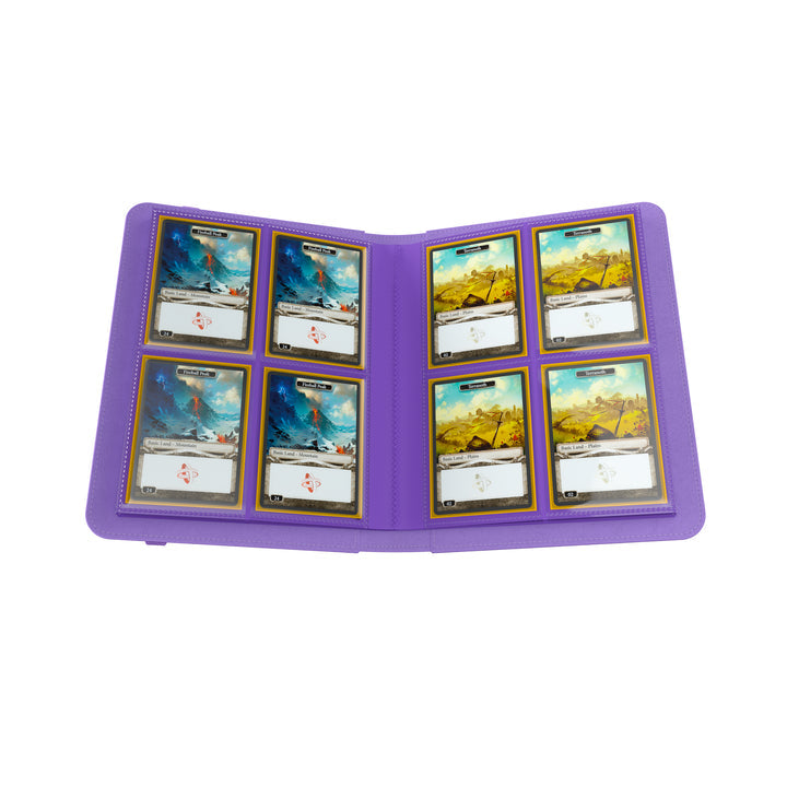 GameGenic 8-Pocket Prime Album - Purple - Purple card binder album open to show clear plastic 8-pocket sleeves with collectible cards inside.
