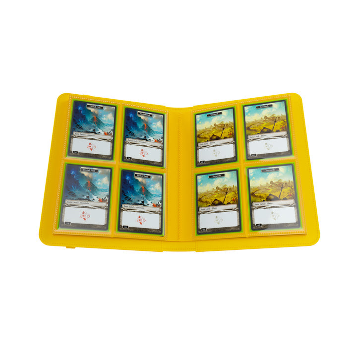 GameGenic 8-Pocket Prime Album - Yellow - Yellow GameGenic card binder open with clear 8-pocket plastic sleeves holding collectible cards.