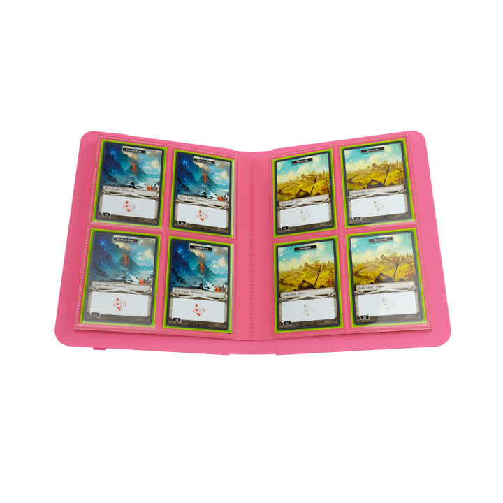 GameGenic 8-Pocket Prime Album - Pink - Pink card binder open to show two pages with eight clear 8-pocket sleeves holding trading cards.