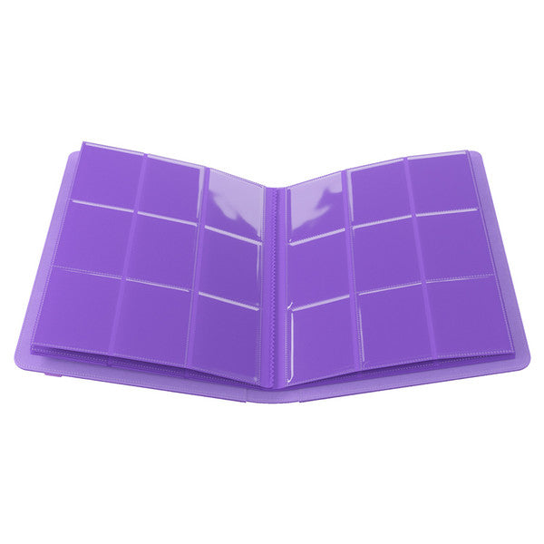GameGenic 18-Pocket Prime Album - Purple - Purple card binder album open to reveal two pages with nine clear plastic pockets each, designed for storing cards.