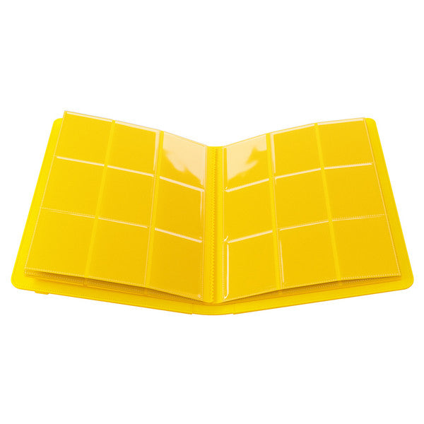 GameGenic 18-Pocket Prime Album - Yellow - Bright yellow card binder with 18 clear plastic pockets for trading card storage, open view.