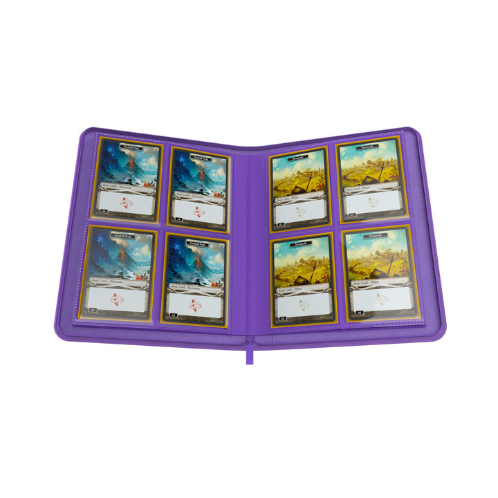 GameGenic 8-Pocket Zip-Up Album - Purple - Purple zip-up card binder open to show two pages with eight transparent 8-pocket sleeves holding trading cards.