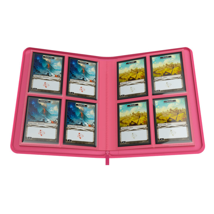 GameGenic 8-Pocket Zip-Up Album - Pink - Pink zip-up card album open to show 8 transparent pockets holding collectible cards.