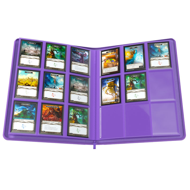 GameGenic 18-Pocket Zip-Up Album - Purple - Purple zip-up card binder album with 18 clear plastic pockets holding collectible cards.